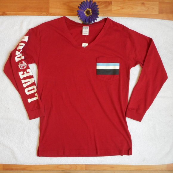 New VS PINK T-Shirt Red Graphic Sleeve Size Small - Picture 1 of 9